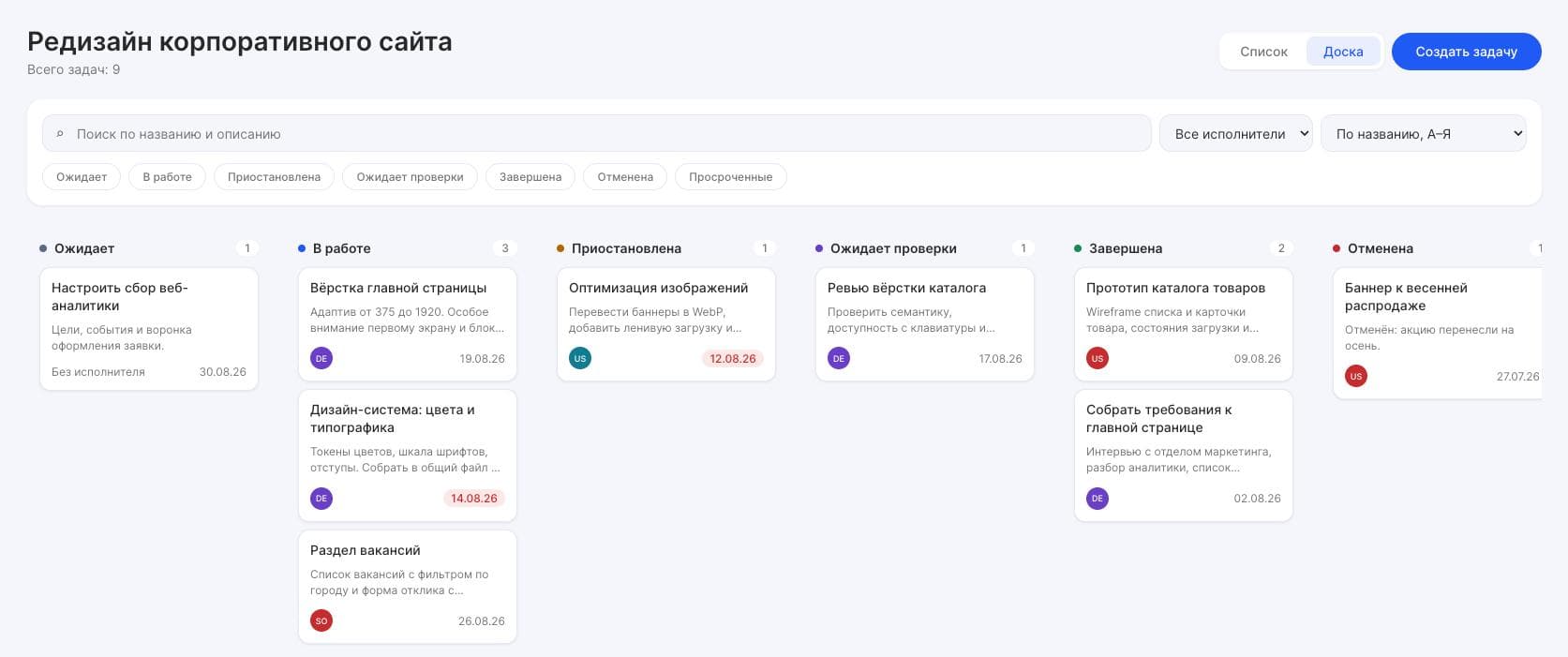 Доска задач таск-трекера